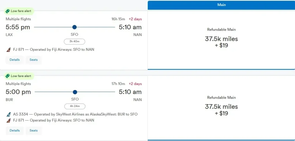 Flight option examples available via Alaska Airlines and partners