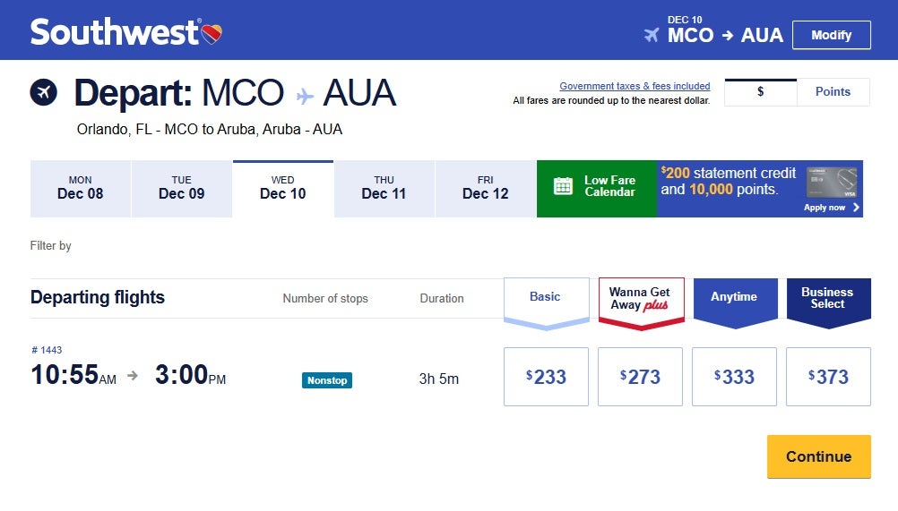 Example of booking flight with cash through Southwest